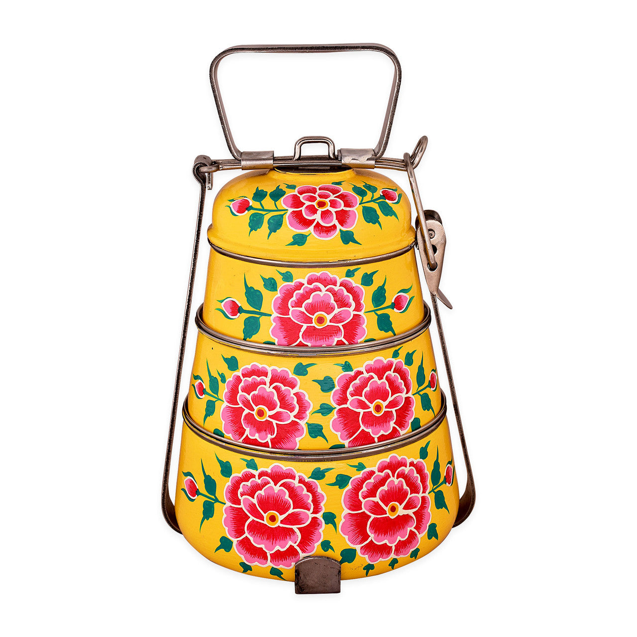 Hand-Painted 3-Tier Stainless Steel Lunch Box – yellow floral Design Eco-Friendly & Artistic Food Carrier